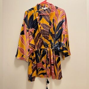 DR2 Tropical Floral Leaves Satin Kimono Coverup Robe Size L/XL